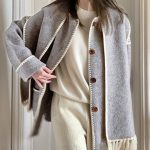 Light Steel Blue Contrast Drop Shoulder Wool-Blend Tweed Coat with Scarf