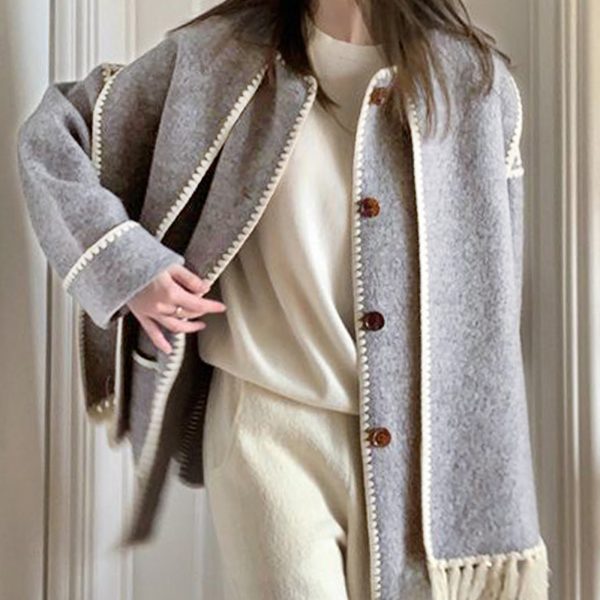 Light Steel Blue Contrast Drop Shoulder Wool-Blend Tweed Coat with Scarf