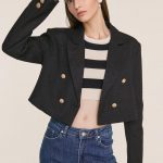 Black Textured Double-Breasted Cropped Tweed Blazer