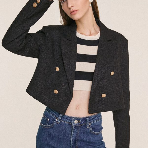 Black Textured Double-Breasted Cropped Tweed Blazer