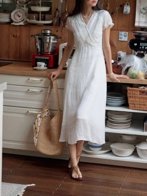 Long Casual V-Neck Dress with Ruffle Sleeves | Cotton Bamboo Blend