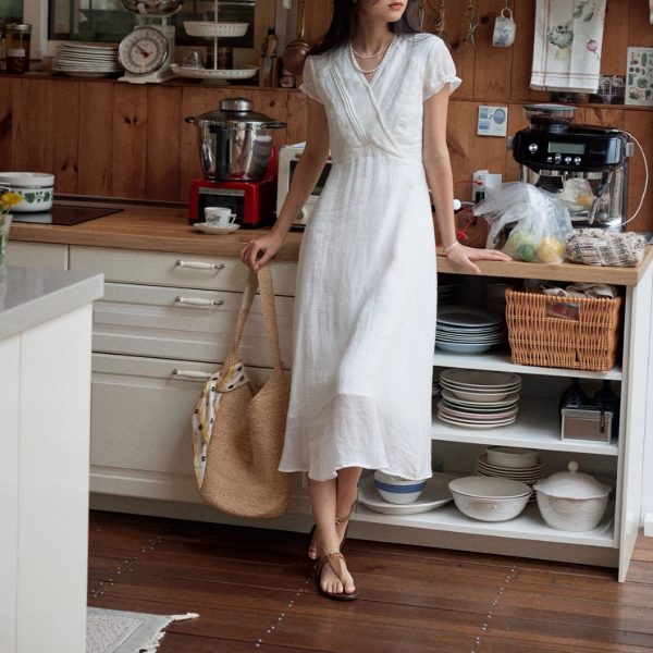 Long Casual V-Neck Dress with Ruffle Sleeves | Cotton Bamboo Blend