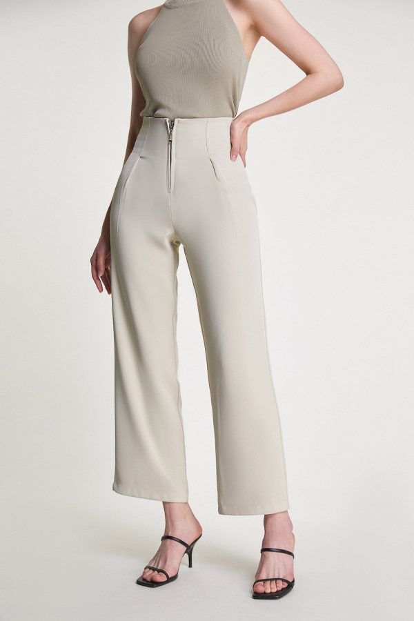 Tan Zip Front Straight Leg Tailored Pants