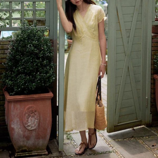 Long Casual V-Neck Dress with Ruffle Sleeves | Cotton Bamboo Blend