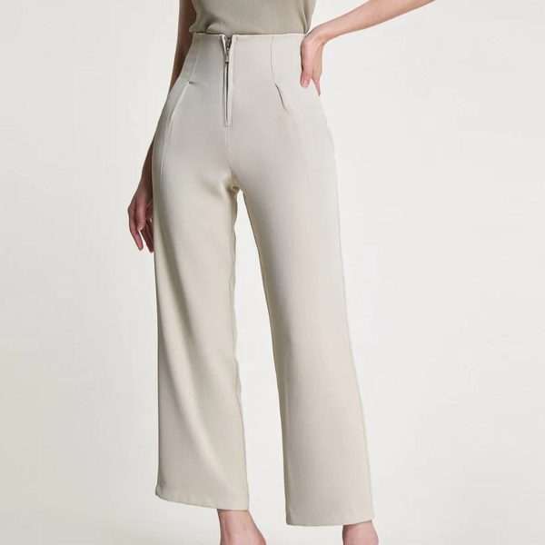 Tan Zip Front Straight Leg Tailored Pants
