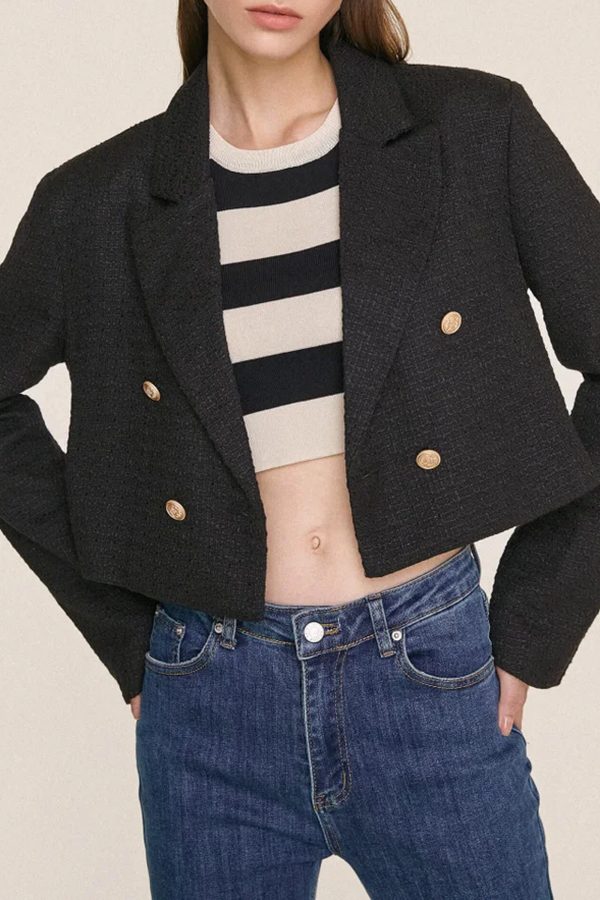 Black Textured Double-Breasted Cropped Tweed Blazer