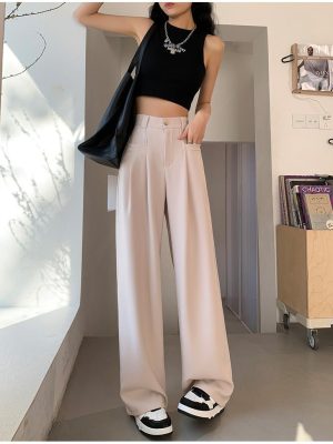 Beige Wide-Leg Slip Pocket Straight Suit Pants