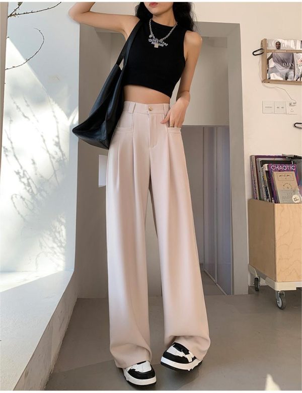 Beige Wide-Leg Slip Pocket Straight Suit Pants
