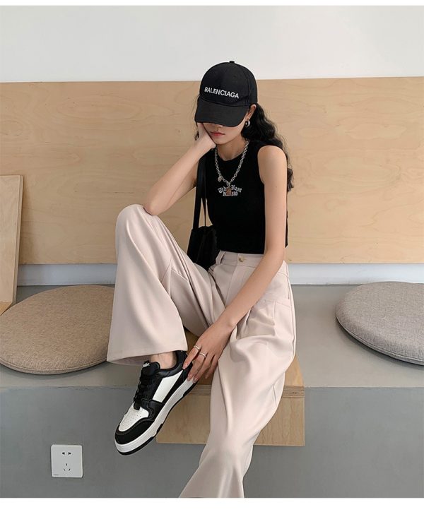 Beige Wide-Leg Slip Pocket Straight Suit Pants