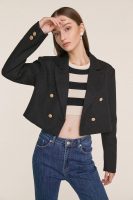 Black Textured Double-Breasted Cropped Tweed Blazer