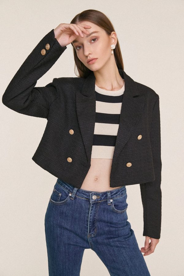 Black Textured Double-Breasted Cropped Tweed Blazer