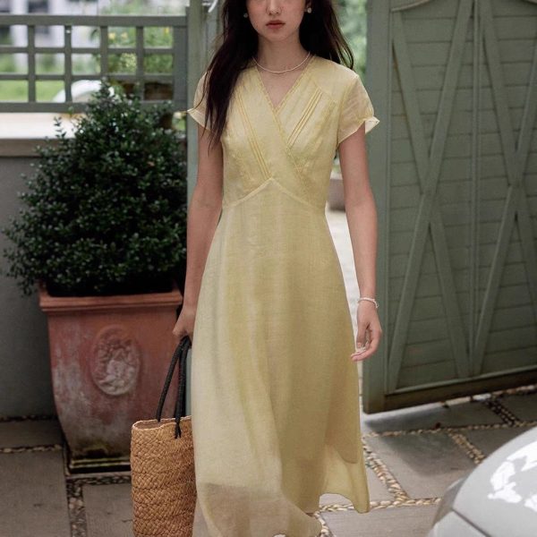 Long Casual V-Neck Dress with Ruffle Sleeves | Cotton Bamboo Blend