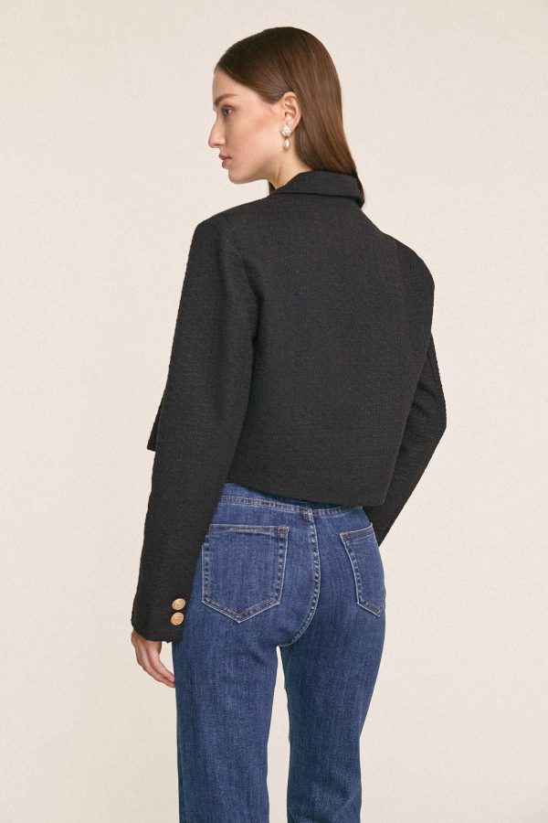 Black Textured Double-Breasted Cropped Tweed Blazer