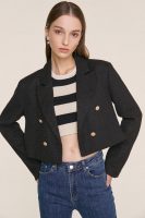 Black Textured Double-Breasted Cropped Tweed Blazer