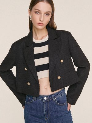 Black Textured Double-Breasted Cropped Tweed Blazer