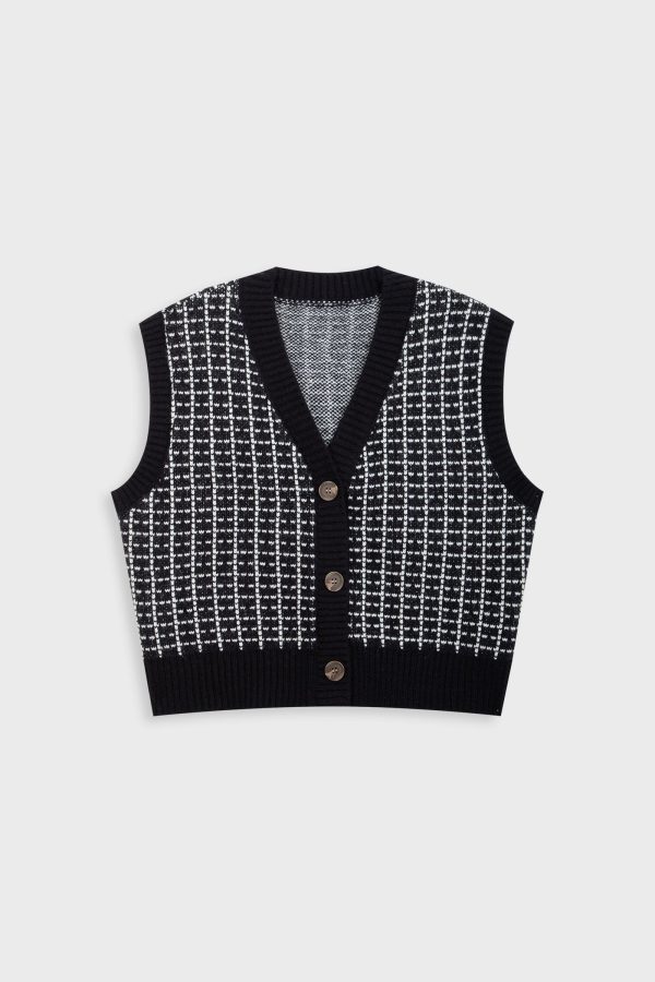 Black Knit Plaid V-Neck Sweater Vest