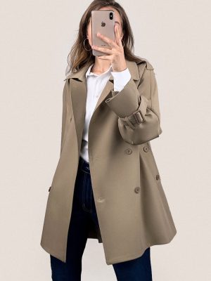 Khaki Double-Breasted Belted Short Trench Coat