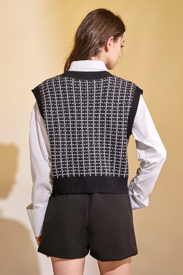 Black Knit Plaid V-Neck Sweater Vest