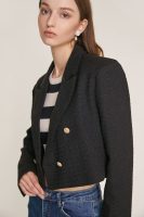 Black Textured Double-Breasted Cropped Tweed Blazer