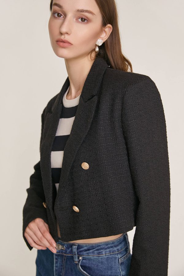 Black Textured Double-Breasted Cropped Tweed Blazer