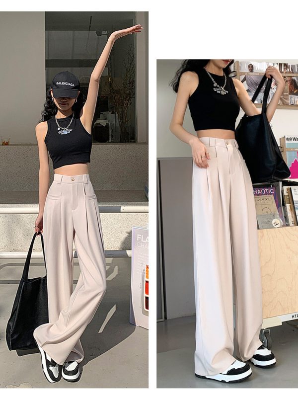 Beige Wide-Leg Slip Pocket Straight Suit Pants