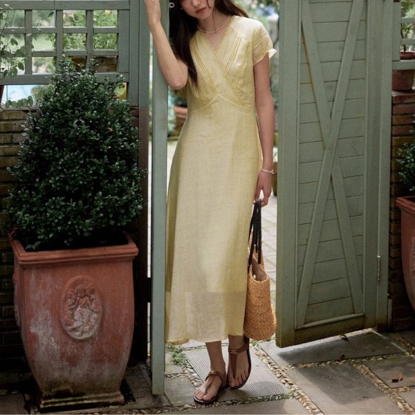 Long Casual V-Neck Dress with Ruffle Sleeves | Cotton Bamboo Blend