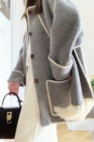 Light Steel Blue Contrast Drop Shoulder Wool-Blend Tweed Coat with Scarf