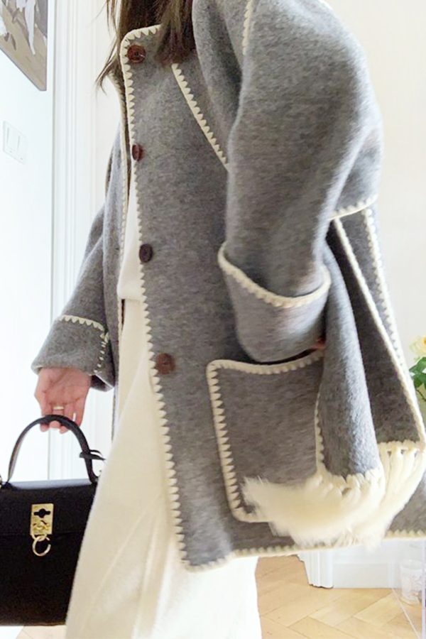 Light Steel Blue Contrast Drop Shoulder Wool-Blend Tweed Coat with Scarf