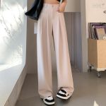 Beige Wide-Leg Slip Pocket Straight Suit Pants