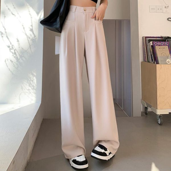 Beige Wide-Leg Slip Pocket Straight Suit Pants