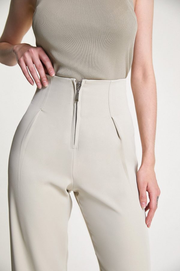 Tan Zip Front Straight Leg Tailored Pants