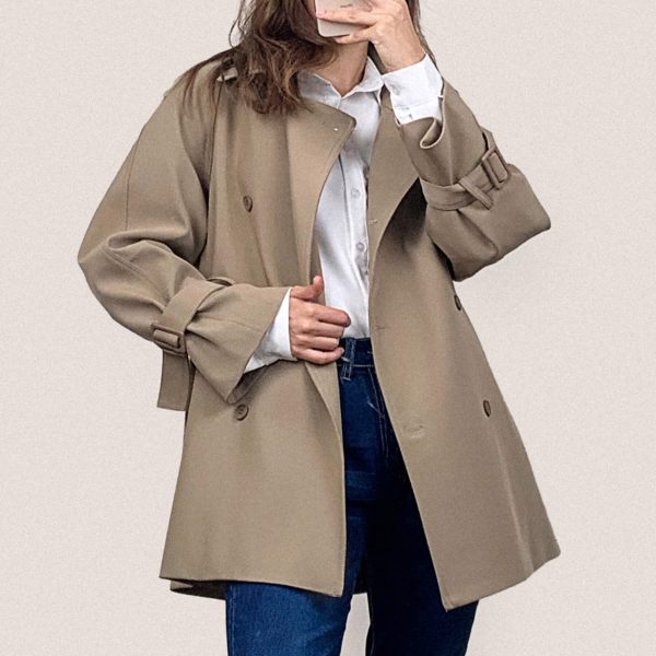 Khaki Double-Breasted Belted Short Trench Coat