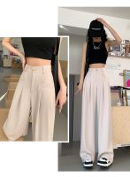 Beige Wide-Leg Slip Pocket Straight Suit Pants