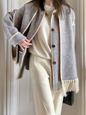 Light Steel Blue Contrast Drop Shoulder Wool-Blend Tweed Coat with Scarf
