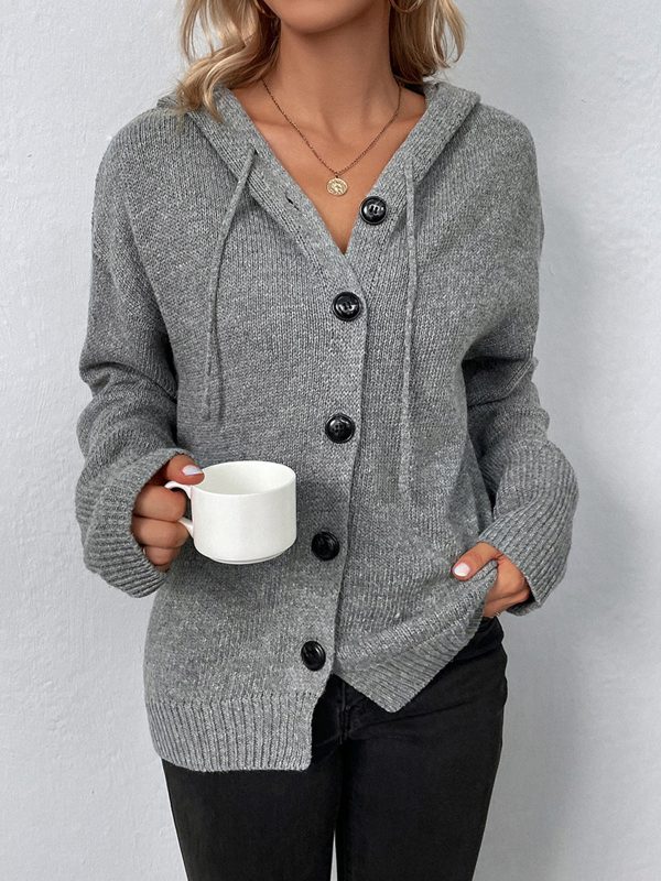 Button Drawstring Hooded Cardigan