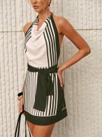 Striped Halter Cowl-Neck Zipper Short Dress