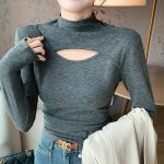 Asymmetric Cut Out Turtleneck Long Sleeve Slinky Top