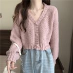 V-Neck Button Wool Blend Cable Knit Cardigan