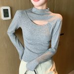 Asymmetric Cut Out Turtleneck Long Sleeve Slinky Top