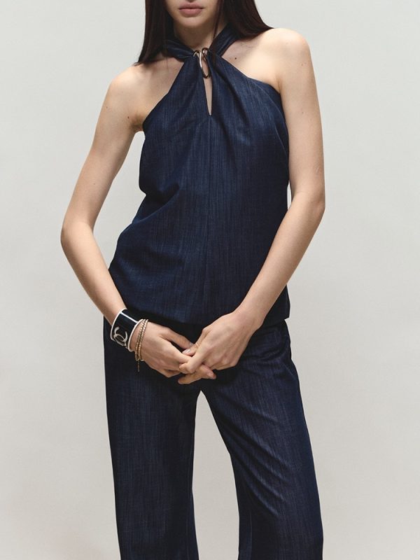 Satin Halter Neck Top and Wide-Leg Pants Set