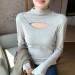 Asymmetric Cut Out Turtleneck Long Sleeve Slinky Top