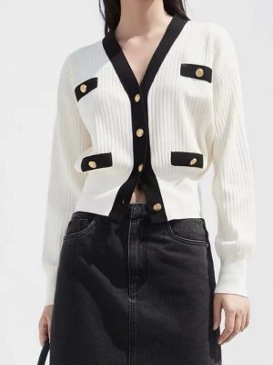 Contrast Trim Metal Button Cardigan