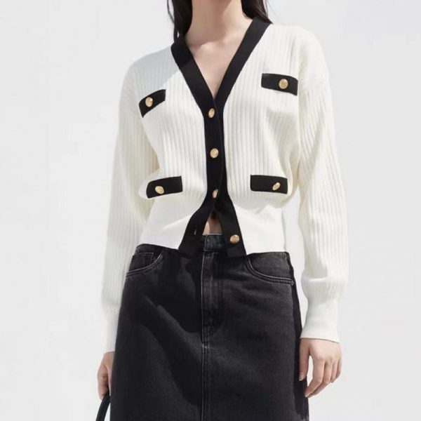 Contrast Trim Metal Button Cardigan