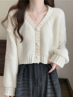 V-Neck Button Wool Blend Cable Knit Cardigan