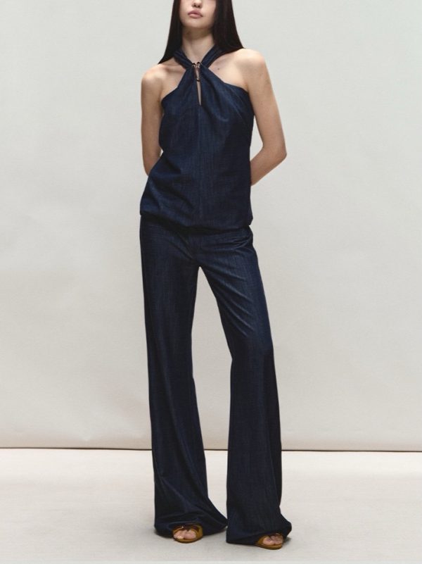 Satin Halter Neck Top and Wide-Leg Pants Set