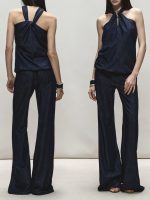 Satin Halter Neck Top and Wide-Leg Pants Set