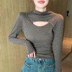 Asymmetric Cut Out Turtleneck Long Sleeve Slinky Top