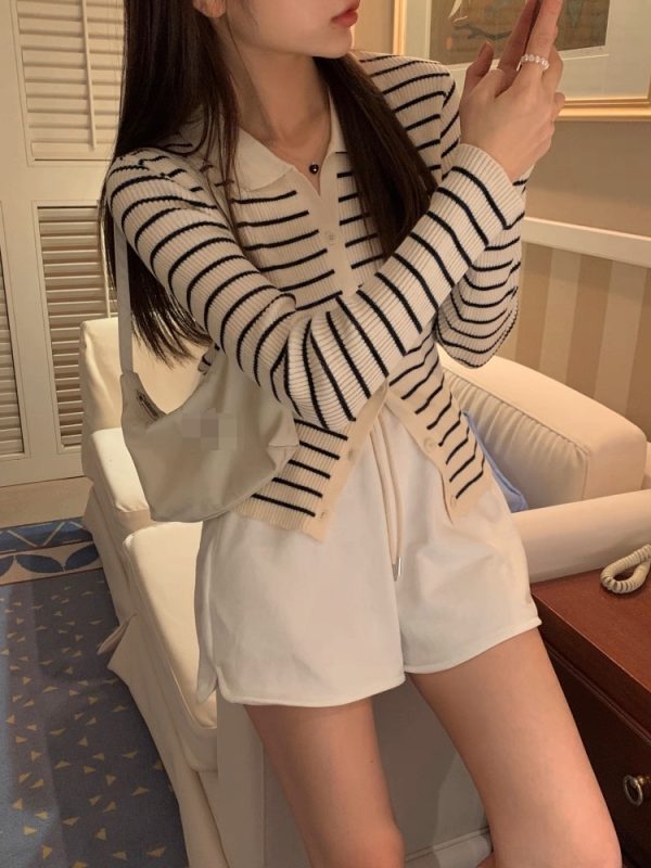 Metal Button Striped Collared Cardigan