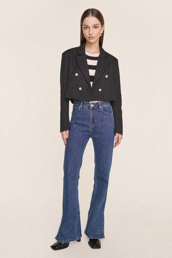 Black Textured Double-Breasted Cropped Tweed Blazer