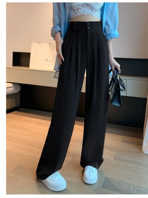 Black High-Waisted Straight Trousers Slacks